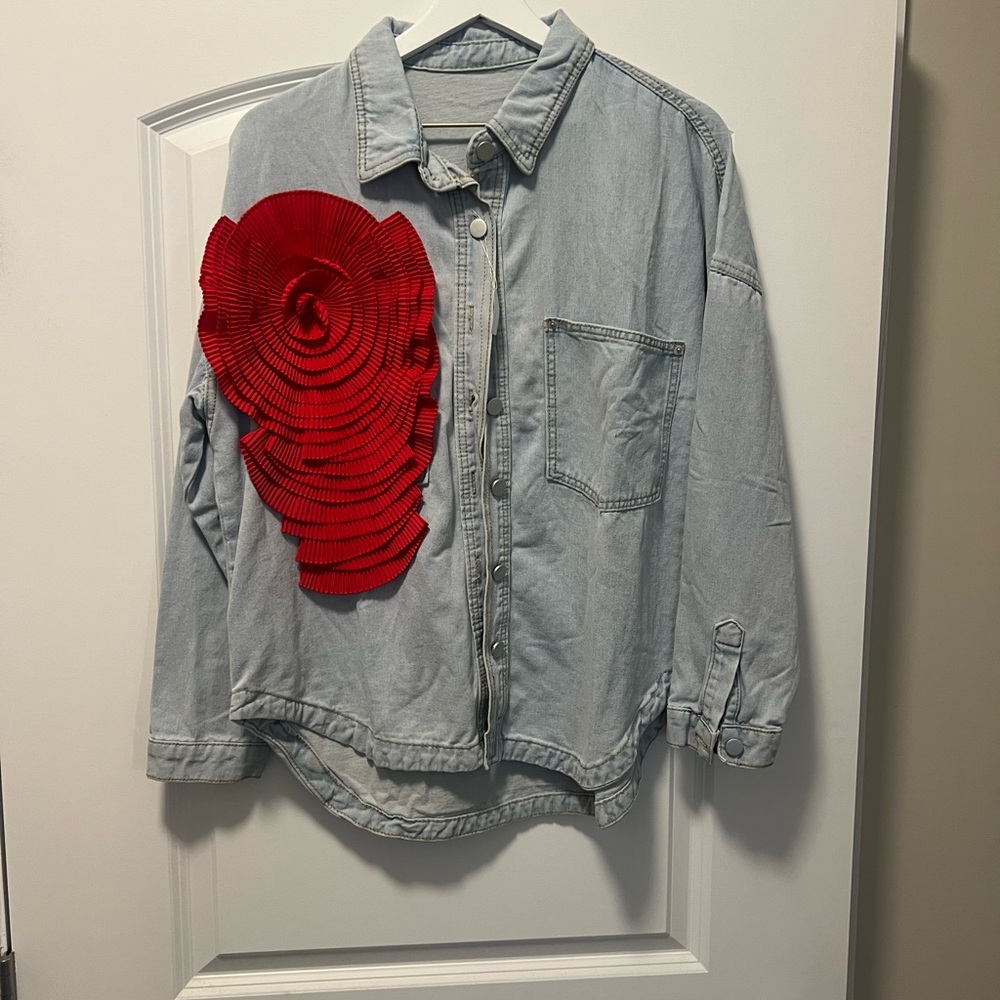 Denim Shirt with Red Floral Accent